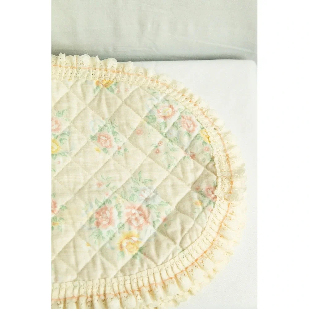 Vintage Floral Quilted Oval Placemat Cream Pastel Pink Yellow Lace Ruffle Trim